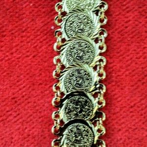 24kt YG plated coin bracelet, 7-9" long, 3/4" wide